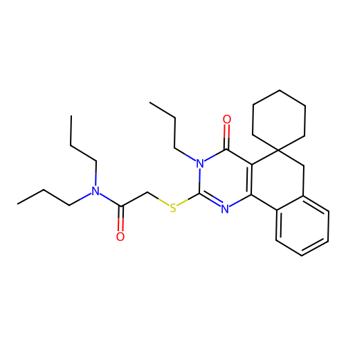 2-((4-oxo-3-propyl-4,6-dihydro-3H-spiro[benzo[h]quinazoline-5,1'-cyclohexan]-2-yl)thio)-N,N-dipropylacetamide structure