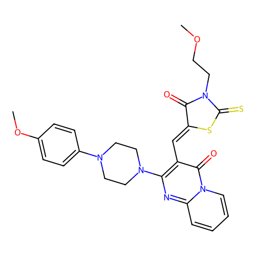 3-{(Z)-[3-(2-methoxyethyl)-4-oxo-2-thioxo-1,3-thiazolidin-5-ylidene]methyl}-2-[4-(4-methoxyphenyl)piperazin-1-yl]-4H-pyrido[1,2-a]pyrimidin-4-one structure