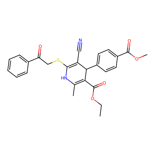 ethyl 5-cyano-4-(4-(methoxycarbonyl)phenyl)-2-methyl-6-((2-oxo-2-phenylethyl)thio)-1,4-dihydropyridine-3-carboxylate structure