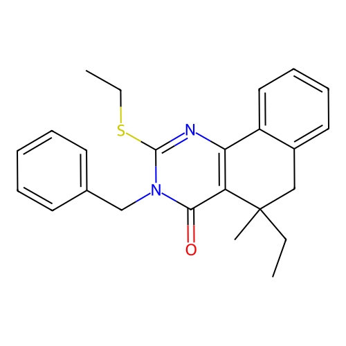 3-benzyl-5-ethyl-2-ethylsulfanyl-5-methyl-6H-benzo[h]quinazolin-4-one structure