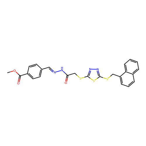 methyl 4-[(E)-{2-[({5-[(naphthalen-1-ylmethyl)sulfanyl]-1,3,4-thiadiazol-2-yl}sulfanyl)acetyl]hydrazinylidene}methyl]benzoate structure