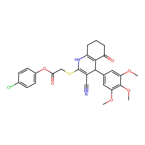 (4-chlorophenyl) 2-[[3-cyano-5-oxo-4-(3,4,5-trimethoxyphenyl)-4,6,7,8-tetrahydro-1H-quinolin-2-yl]sulfanyl]acetate structure