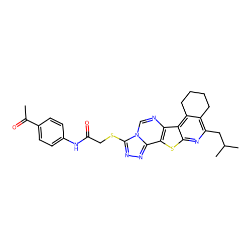 N-(4-acetylphenyl)-2-((11-isobutyl-7,8,9,10-tetrahydro-[1,2,4]triazolo[4'',3'':1',6']pyrimido[4',5':4,5]thieno[2,3-c]isoquinolin-3-yl)thio)acetamide structure