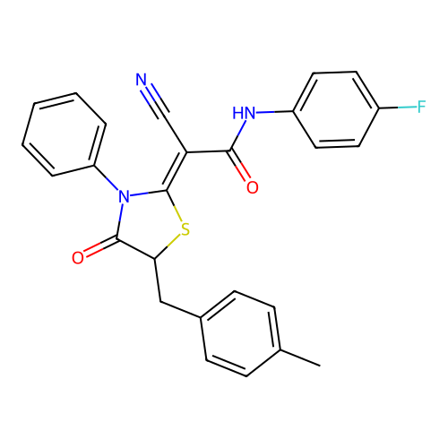(2Z)-2-cyano-N-(4-fluorophenyl)-2-[5-(4-methylbenzyl)-4-oxo-3-phenyl-1,3-thiazolidin-2-ylidene]ethanamide structure