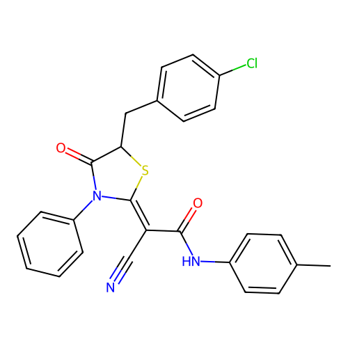 (Z)-2-(5-(4-chlorobenzyl)-4-oxo-3-phenylthiazolidin-2-ylidene)-2-cyano-N-(p-tolyl)acetamide structure