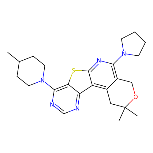 2,2-dimethyl-8-(4-methylpiperidin-1-yl)-5-(pyrrolidin-1-yl)-1,4-dihydro-2H-pyrano[4'',3'':4',5']pyrido[3',2':4,5]thieno[3,2-d]pyrimidine structure