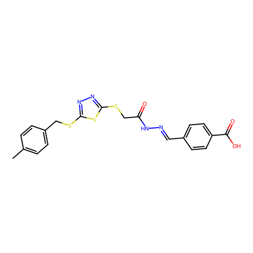 4-[(E)-{2-[({5-[(4-methylbenzyl)sulfanyl]-1,3,4-thiadiazol-2-yl}sulfanyl)acetyl]hydrazinylidene}methyl]benzoic acid structure