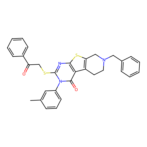 7-benzyl-2-((2-oxo-2-phenylethyl)thio)-3-(m-tolyl)-5,6,7,8-tetrahydropyrido[4',3':4,5]thieno[2,3-d]pyrimidin-4(3H)-one structure