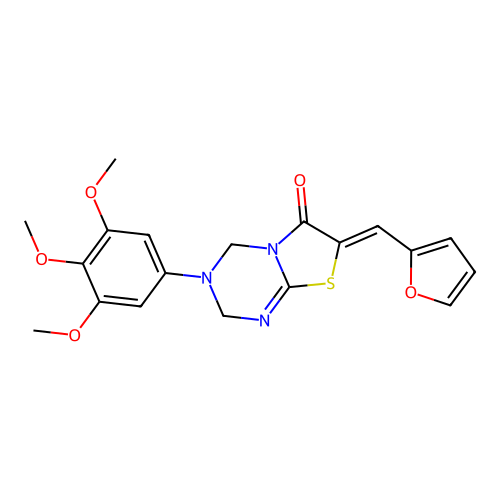 (7Z)-7-(furan-2-ylmethylidene)-3-(3,4,5-trimethoxyphenyl)-2,4-dihydro-[1,3]thiazolo[3,2-a][1,3,5]triazin-6-one structure