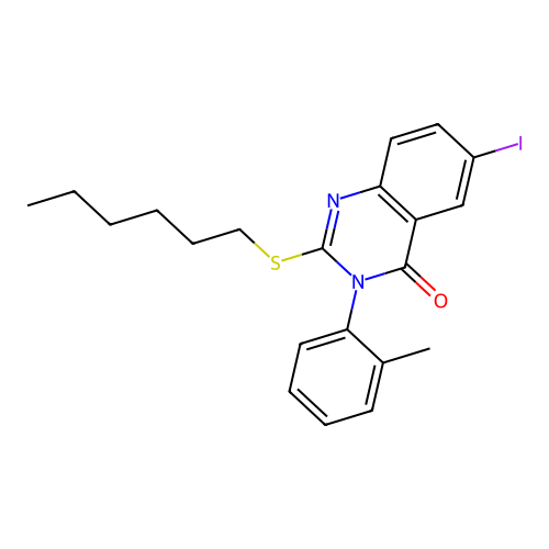 2-(hexylsulfanyl)-6-iodo-3-(2-methylphenyl)quinazolin-4(3H)-one structure