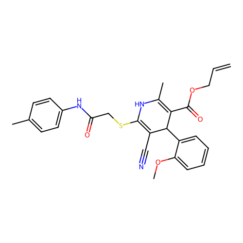 allyl 5-cyano-4-(2-methoxyphenyl)-2-methyl-6-((2-oxo-2-(p-tolylamino)ethyl)thio)-1,4-dihydropyridine-3-carboxylate structure