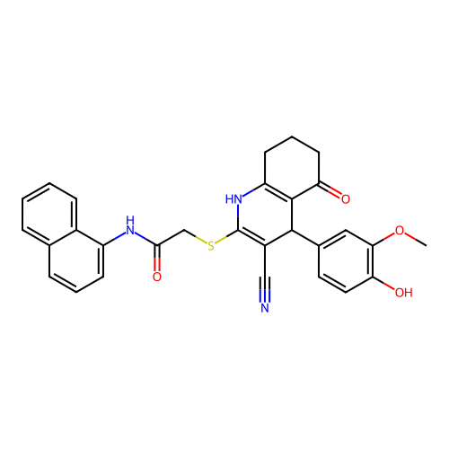2-((3-cyano-4-(4-hydroxy-3-methoxyphenyl)-5-oxo-1,4,5,6,7,8-hexahydroquinolin-2-yl)thio)-N-(naphthalen-1-yl)acetamide structure