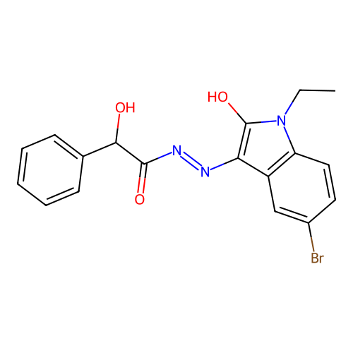 (E)-N'-(5-bromo-1-ethyl-2-oxoindolin-3-ylidene)-2-hydroxy-2-phenylacetohydrazide structure