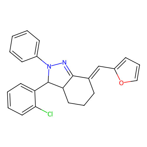 (7E)-3-(2-chlorophenyl)-7-(furan-2-ylmethylidene)-2-phenyl-3,3a,4,5,6,7-hexahydro-2H-indazole structure