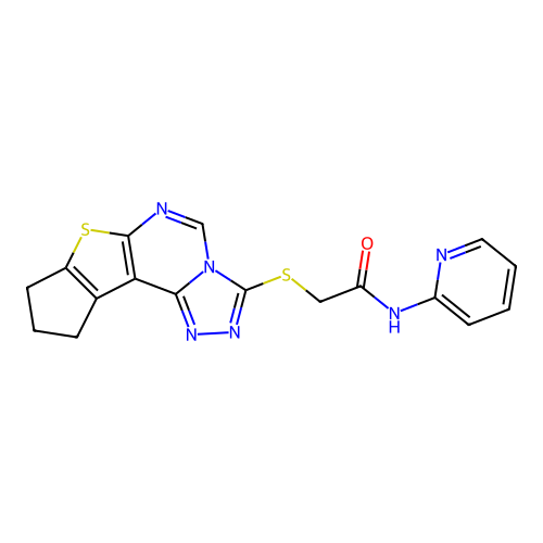 2-((9,10-dihydro-8H-cyclopenta[4,5]thieno[3,2-e][1,2,4]triazolo[4,3-c]pyrimidin-3-yl)thio)-N-(pyridin-2-yl)acetamide structure