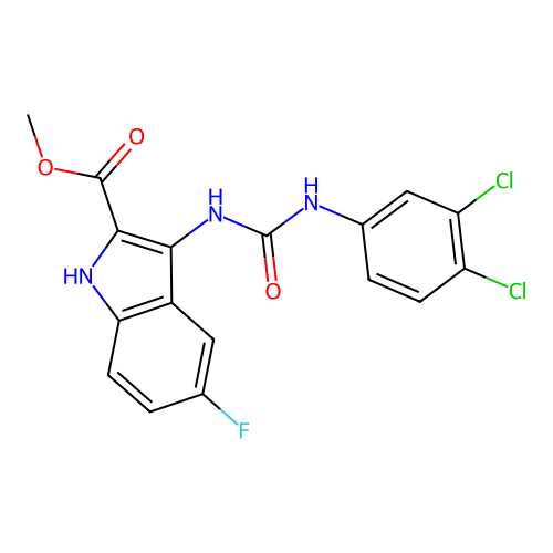 methyl 3-{[(3,4-dichlorophenyl)carbamoyl]amino}-5-fluoro-1H-indole-2-carboxylate structure