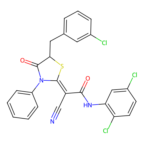 (2Z)-2-[5-(3-chlorobenzyl)-4-oxo-3-phenyl-1,3-thiazolidin-2-ylidene]-2-cyano-N-(2,5-dichlorophenyl)ethanamide structure