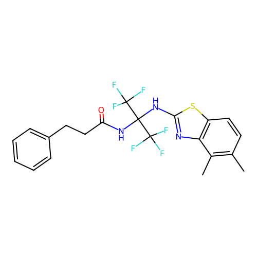 N-(2-((4,5-dimethylbenzo[d]thiazol-2-yl)amino)-1,1,1,3,3,3-hexafluoropropan-2-yl)-3-phenylpropanamide structure