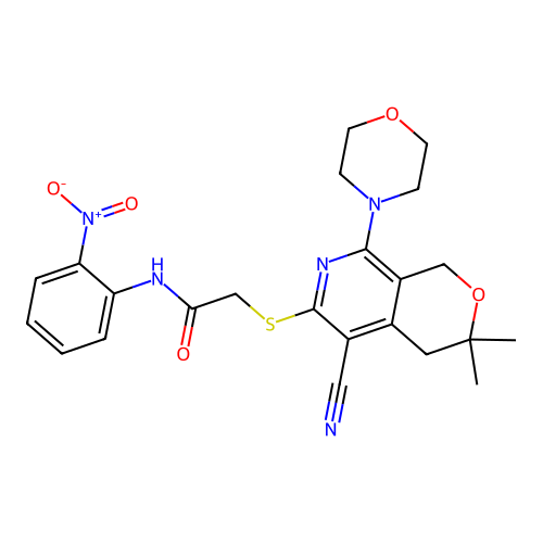 2-((5-cyano-3,3-dimethyl-8-morpholino-3,4-dihydro-1H-pyrano[3,4-c]pyridin-6-yl)thio)-N-(2-nitrophenyl)acetamide structure