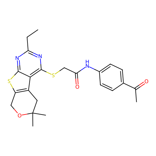 N-(4-acetylphenyl)-2-((2-ethyl-6,6-dimethyl-6,8-dihydro-5H-pyrano[4',3':4,5]thieno[2,3-d]pyrimidin-4-yl)thio)acetamide structure