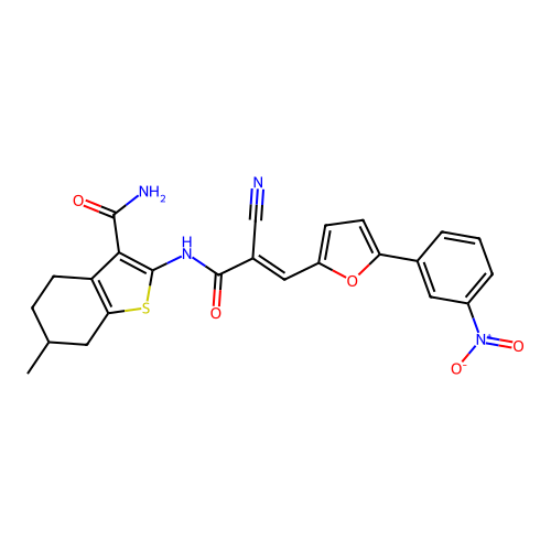 (E)-2-(2-cyano-3-(5-(3-nitrophenyl)furan-2-yl)acrylamido)-6-methyl-4,5,6,7-tetrahydrobenzo[b]thiophene-3-carboxamide structure