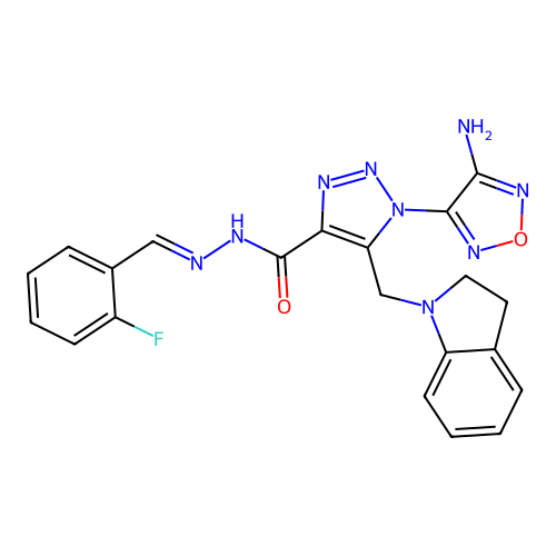 (E)-1-(4-amino-1,2,5-oxadiazol-3-yl)-N'-(2-fluorobenzylidene)-5-(indolin-1-ylmethyl)-1H-1,2,3-triazole-4-carbohydrazide structure
