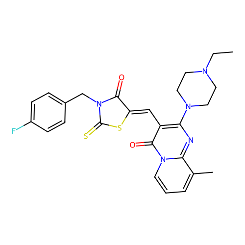 2-(4-ethylpiperazin-1-yl)-3-{(Z)-[3-(4-fluorobenzyl)-4-oxo-2-thioxo-1,3-thiazolidin-5-ylidene]methyl}-9-methyl-4H-pyrido[1,2-a]pyrimidin-4-one structure
