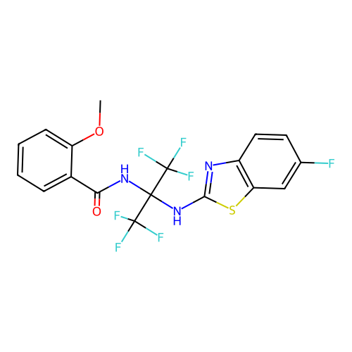N-(1,1,1,3,3,3-hexafluoro-2-((6-fluorobenzo[d]thiazol-2-yl)amino)propan-2-yl)-2-methoxybenzamide structure