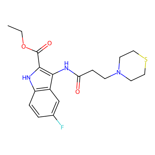 ethyl 5-fluoro-3-(3-thiomorpholinopropanamido)-1H-indole-2-carboxylate structure