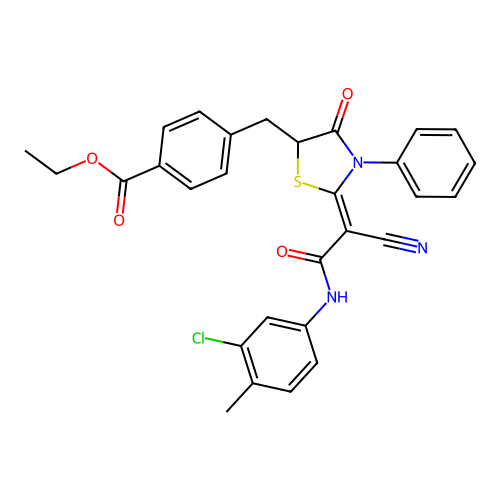 (Z)-ethyl 4-((2-(2-((3-chloro-4-methylphenyl)amino)-1-cyano-2-oxoethylidene)-4-oxo-3-phenylthiazolidin-5-yl)methyl)benzoate structure
