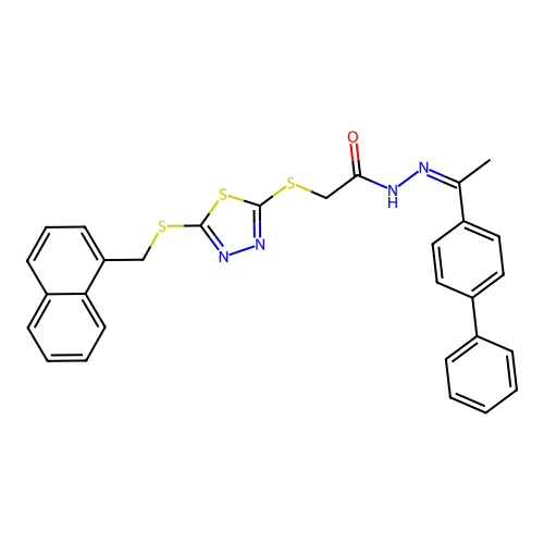 (Z)-N'-(1-([1,1'-biphenyl]-4-yl)ethylidene)-2-((5-((naphthalen-1-ylmethyl)thio)-1,3,4-thiadiazol-2-yl)thio)acetohydrazide structure