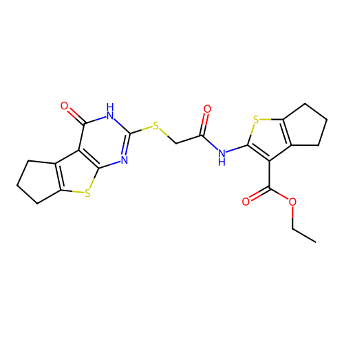 ethyl 2-({[(4-hydroxy-6,7-dihydro-5H-cyclopenta[4,5]thieno[2,3-d]pyrimidin-2-yl)sulfanyl]acetyl}amino)-5,6-dihydro-4H-cyclopenta[b]thiophene-3-carboxylate structure
