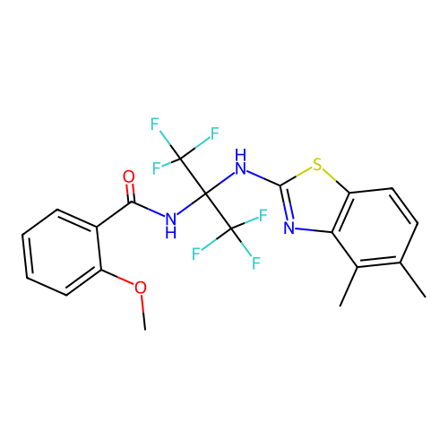N-(2-((4,5-dimethylbenzo[d]thiazol-2-yl)amino)-1,1,1,3,3,3-hexafluoropropan-2-yl)-2-methoxybenzamide structure