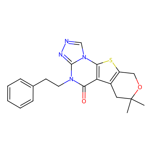 7,7-dimethyl-4-(2-phenylethyl)-6,9-dihydro-7H-pyrano[4',3':4,5]thieno[3,2-e][1,2,4]triazolo[4,3-a]pyrimidin-5(4H)-one structure