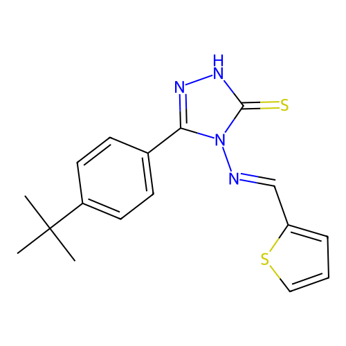 (E)-5-(4-(tert-butyl)phenyl)-4-((thiophen-2-ylmethylene)amino)-4H-1,2,4-triazole-3-thiol structure