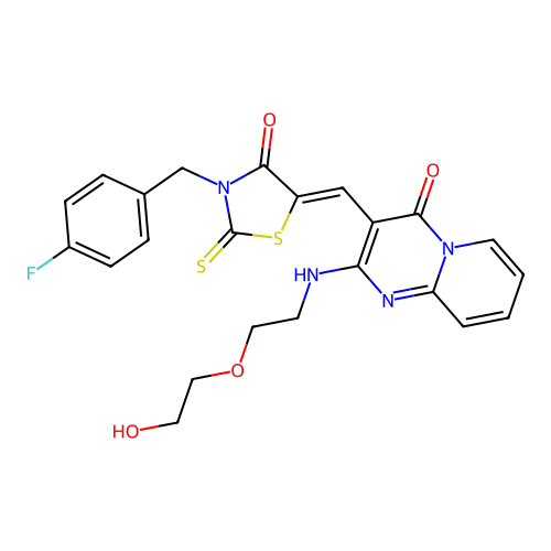 3-{(Z)-[3-(4-fluorobenzyl)-4-oxo-2-thioxo-1,3-thiazolidin-5-ylidene]methyl}-2-{[2-(2-hydroxyethoxy)ethyl]amino}-4H-pyrido[1,2-a]pyrimidin-4-one structure