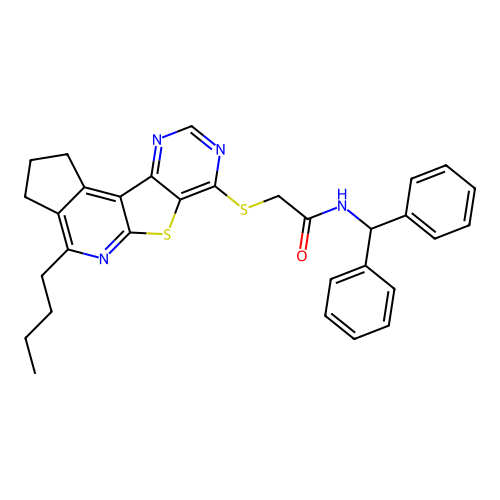 2-[(4-butyl-2,3-dihydro-1H-cyclopenta[4',5']pyrido[3',2':4,5]thieno[3,2-d]pyrimidin-7-yl)sulfanyl]-N-(diphenylmethyl)acetamide structure