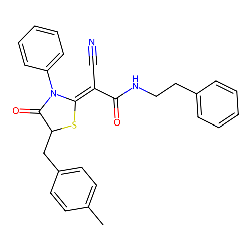 (2Z)-2-cyano-2-[5-(4-methylbenzyl)-4-oxo-3-phenyl-1,3-thiazolidin-2-ylidene]-N-(2-phenylethyl)ethanamide structure