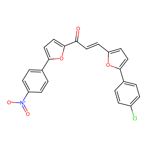 (2E)-3-[5-(4-chlorophenyl)(2-furyl)]-1-[5-(4-nitrophenyl)(2-furyl)]prop-2-en-1 -one structure