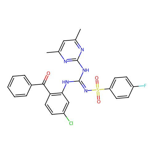 (Z)-N-(((2-benzoyl-5-chlorophenyl)amino)((4,6-dimethylpyrimidin-2-yl)amino)methylene)-4-fluorobenzenesulfonamide structure