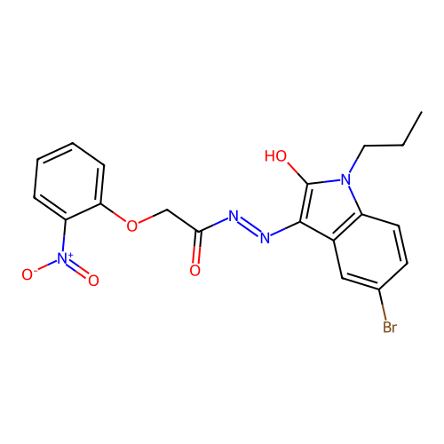 N'-[(3E)-5-bromo-2-oxo-1-propyl-1,2-dihydro-3H-indol-3-ylidene]-2-(2-nitrophenoxy)acetohydrazide structure