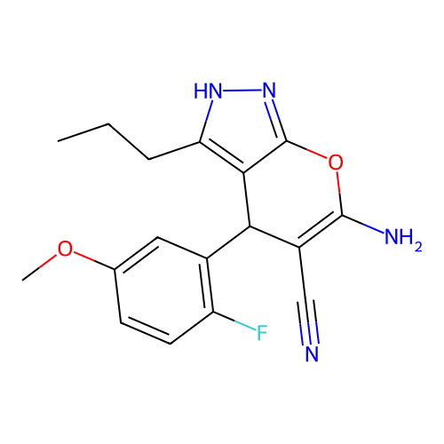 6-amino-4-(2-fluoro-5-methoxyphenyl)-3-propyl-2,4-dihydropyrano[2,3-c]pyrazole-5-carbonitrile structure