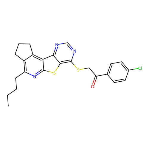 2-[(4-butyl-2,3-dihydro-1H-cyclopenta[4',5']pyrido[3',2':4,5]thieno[3,2-d]pyrimidin-7-yl)sulfanyl]-1-(4-chlorophenyl)ethanone structure