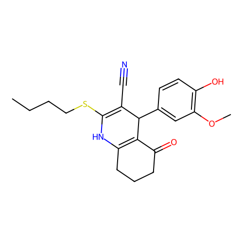 2-(butylsulfanyl)-4-(4-hydroxy-3-methoxyphenyl)-5-oxo-1,4,5,6,7,8-hexahydroquinoline-3-carbonitrile structure