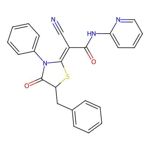 (Z)-2-(5-benzyl-4-oxo-3-phenylthiazolidin-2-ylidene)-2-cyano-N-(pyridin-2-yl)acetamide structure
