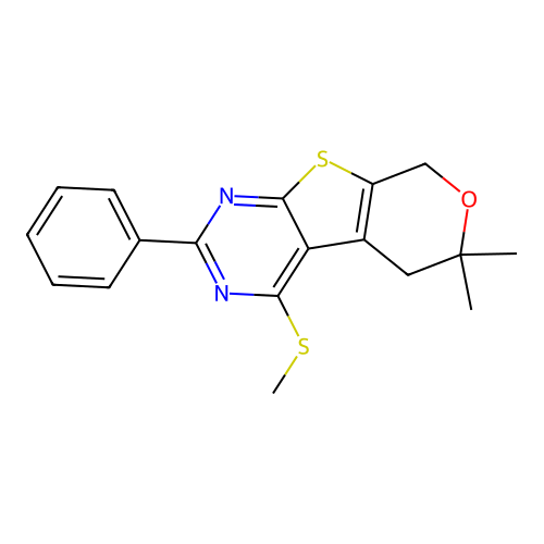 6,6-dimethyl-4-(methylsulfanyl)-2-phenyl-5,8-dihydro-6H-pyrano[4',3':4,5]thieno[2,3-d]pyrimidine structure
