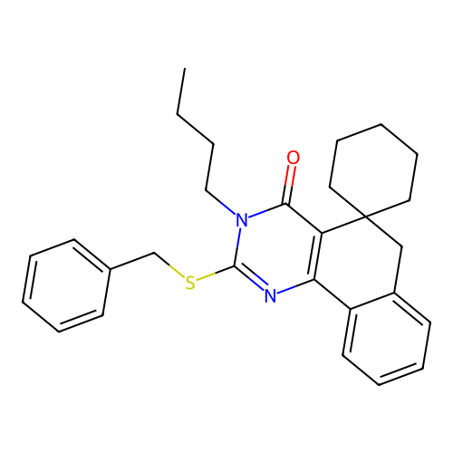 2-(benzylsulfanyl)-3-butyl-3H-spiro[benzo[h]quinazoline-5,1'-cyclohexan]-4(6H)-one structure