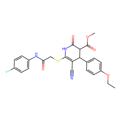 methyl 5-cyano-4-(4-ethoxyphenyl)-6-((2-((4-fluorophenyl)amino)-2-oxoethyl)thio)-2-oxo-1,2,3,4-tetrahydropyridine-3-carboxylate structure