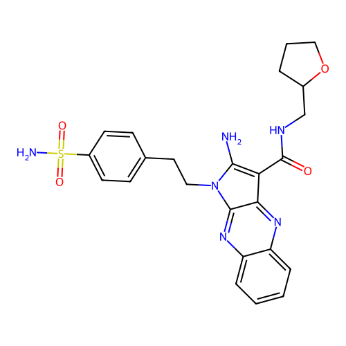 2-amino-1-(4-sulfamoylphenethyl)-N-((tetrahydrofuran-2-yl)methyl)-1H-pyrrolo[2,3-b]quinoxaline-3-carboxamide structure