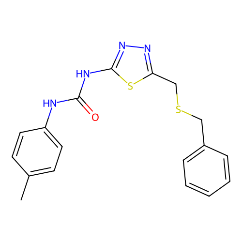 1-(5-((benzylthio)methyl)-1,3,4-thiadiazol-2-yl)-3-(p-tolyl)urea structure